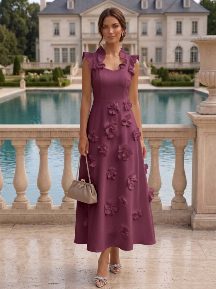 Robe cocktail en Satin Élastique, Ligne A/Princesse, Col en V, Fleurs 3D, Sans Manches, Longueur du Thé, Petite Robe Blanche formelle