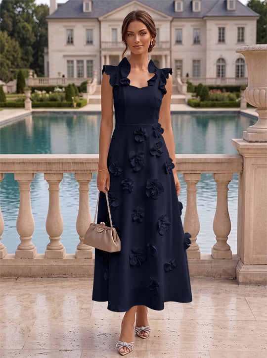 Robe cocktail en Satin Élastique, Ligne A/Princesse, Col en V, Fleurs 3D, Sans Manches, Longueur du Thé, Petite Robe Blanche formelle
