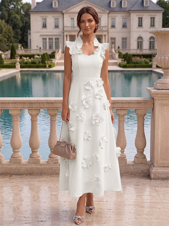 Robe cocktail en Satin Élastique, Ligne A/Princesse, Col en V, Fleurs 3D, Sans Manches, Longueur du Thé, Petite Robe Blanche formelle
