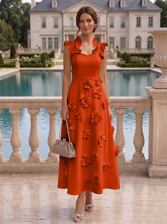 Robe cocktail en Satin Élastique, Ligne A/Princesse, Col en V, Fleurs 3D, Sans Manches, Longueur du Thé, Petite Robe Blanche formelle