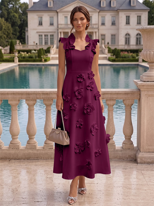 Robe cocktail en Satin Élastique, Ligne A/Princesse, Col en V, Fleurs 3D, Sans Manches, Longueur du Thé, Petite Robe Blanche formelle
