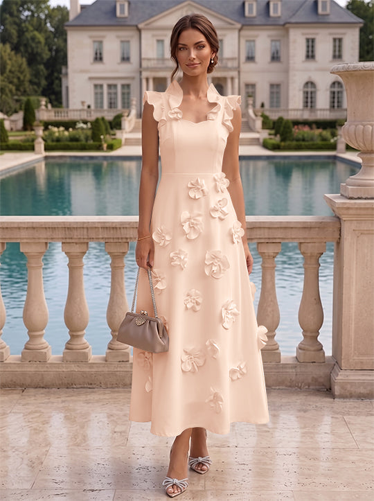 Robe cocktail en Satin Élastique, Ligne A/Princesse, Col en V, Fleurs 3D, Sans Manches, Longueur du Thé, Petite Robe Blanche formelle