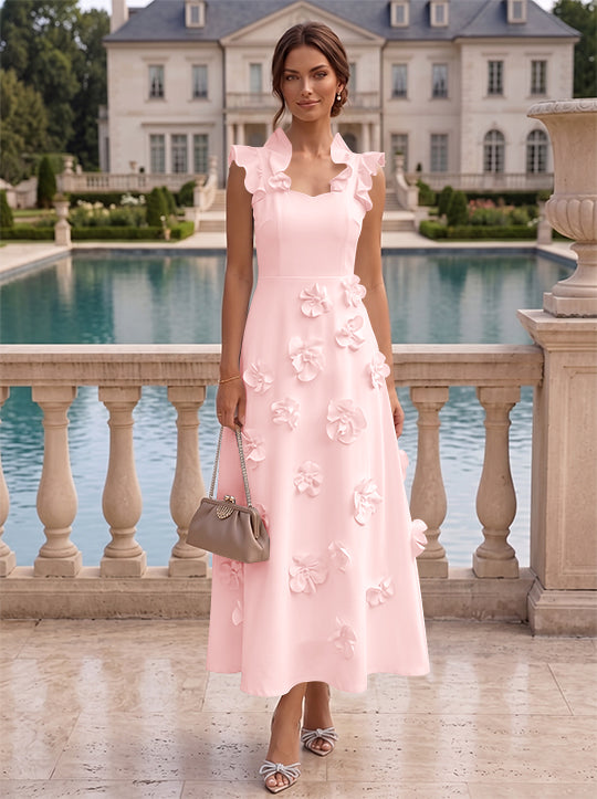 Robe cocktail en Satin Élastique, Ligne A/Princesse, Col en V, Fleurs 3D, Sans Manches, Longueur du Thé, Petite Robe Blanche formelle