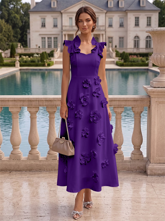 Robe cocktail en Satin Élastique, Ligne A/Princesse, Col en V, Fleurs 3D, Sans Manches, Longueur du Thé, Petite Robe Blanche formelle