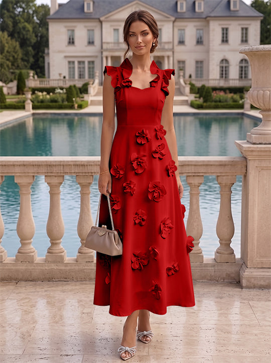 Robe cocktail en Satin Élastique, Ligne A/Princesse, Col en V, Fleurs 3D, Sans Manches, Longueur du Thé, Petite Robe Blanche formelle