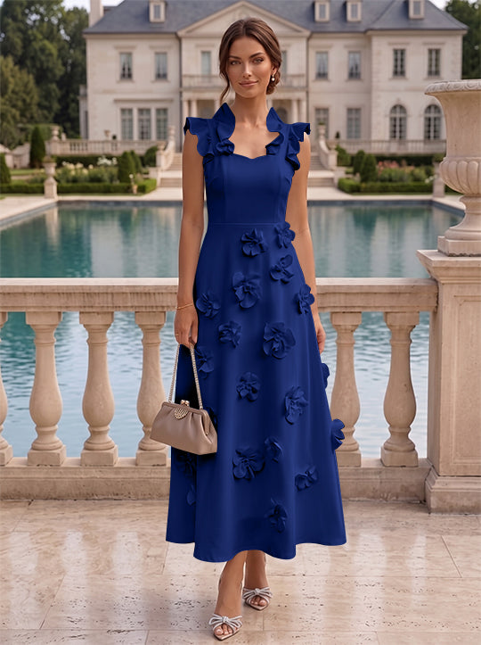 Robe cocktail en Satin Élastique, Ligne A/Princesse, Col en V, Fleurs 3D, Sans Manches, Longueur du Thé, Petite Robe Blanche formelle