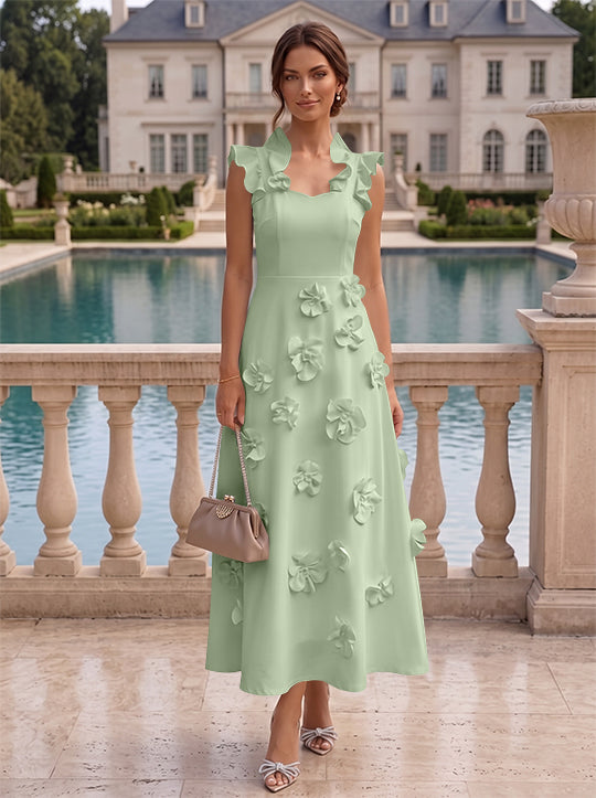 Robe cocktail en Satin Élastique, Ligne A/Princesse, Col en V, Fleurs 3D, Sans Manches, Longueur du Thé, Petite Robe Blanche formelle