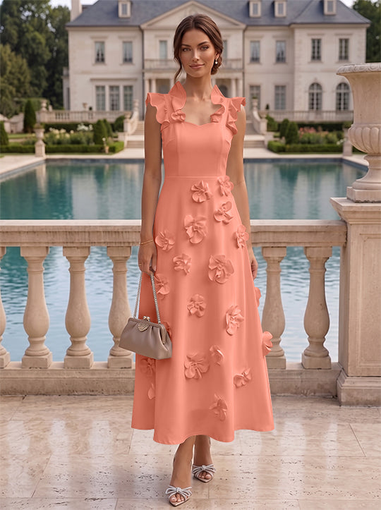 Robe cocktail en Satin Élastique, Ligne A/Princesse, Col en V, Fleurs 3D, Sans Manches, Longueur du Thé, Petite Robe Blanche formelle