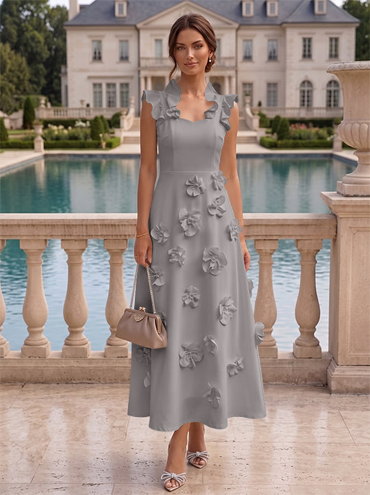 Robe cocktail en Satin Élastique, Ligne A/Princesse, Col en V, Fleurs 3D, Sans Manches, Longueur du Thé, Petite Robe Blanche formelle