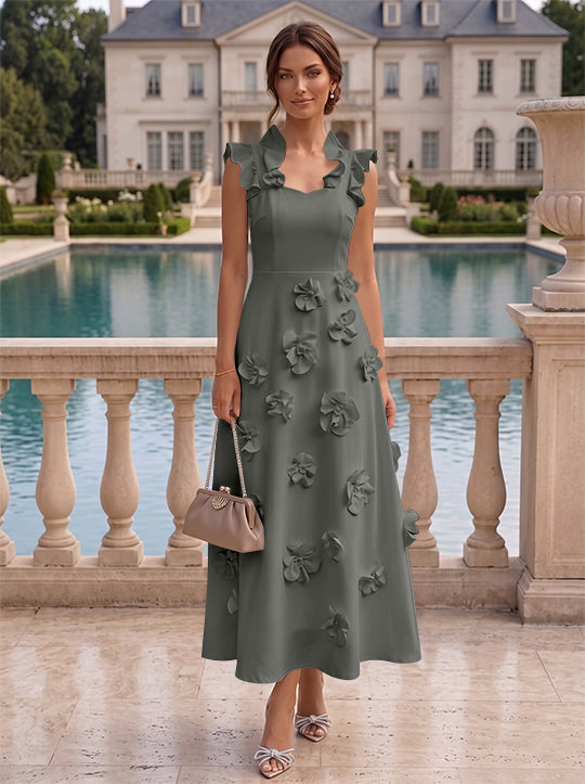 Robe cocktail en Satin Élastique, Ligne A/Princesse, Col en V, Fleurs 3D, Sans Manches, Longueur du Thé, Petite Robe Blanche formelle