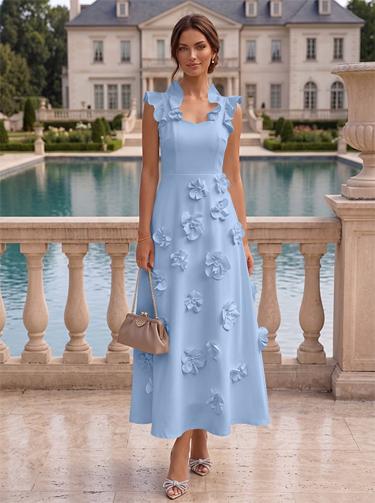 Robe cocktail en Satin Élastique, Ligne A/Princesse, Col en V, Fleurs 3D, Sans Manches, Longueur du Thé, Petite Robe Blanche formelle