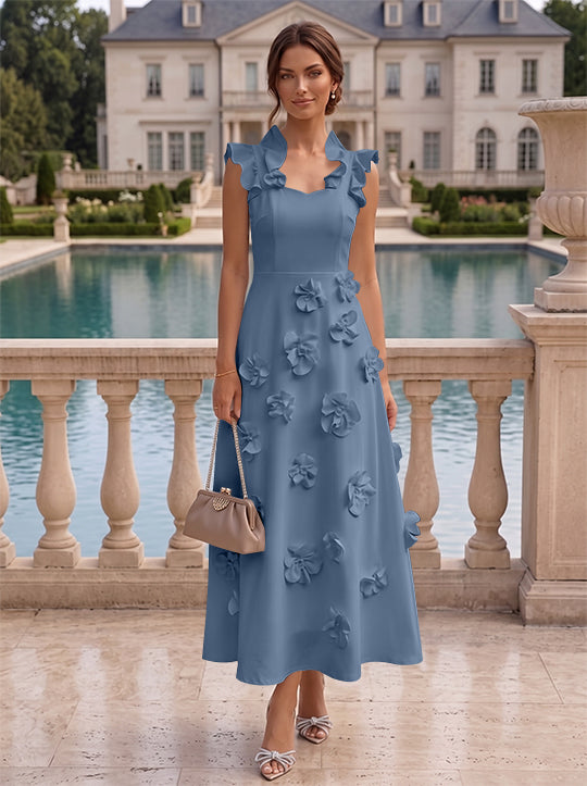 Robe cocktail en Satin Élastique, Ligne A/Princesse, Col en V, Fleurs 3D, Sans Manches, Longueur du Thé, Petite Robe Blanche formelle