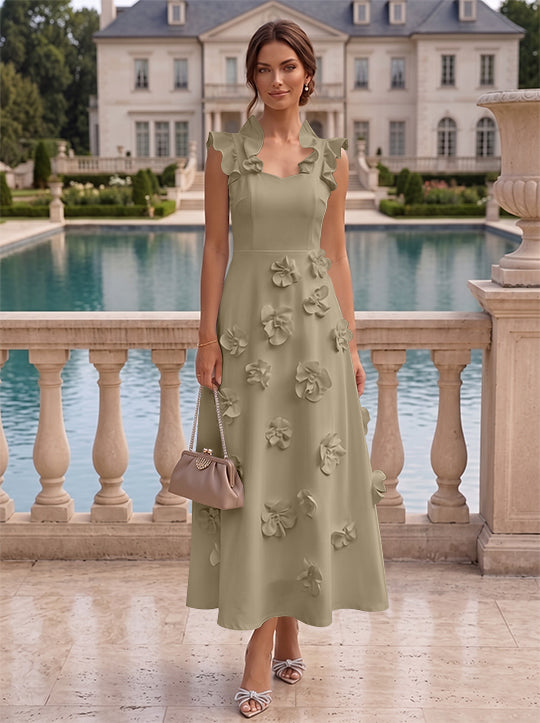 Robe cocktail en Satin Élastique, Ligne A/Princesse, Col en V, Fleurs 3D, Sans Manches, Longueur du Thé, Petite Robe Blanche formelle