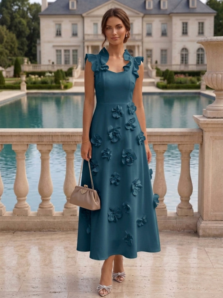 Robe cocktail en Satin Élastique, Ligne A/Princesse, Col en V, Fleurs 3D, Sans Manches, Longueur du Thé, Petite Robe Blanche formelle