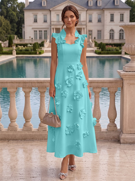 Robe cocktail en Satin Élastique, Ligne A/Princesse, Col en V, Fleurs 3D, Sans Manches, Longueur du Thé, Petite Robe Blanche formelle