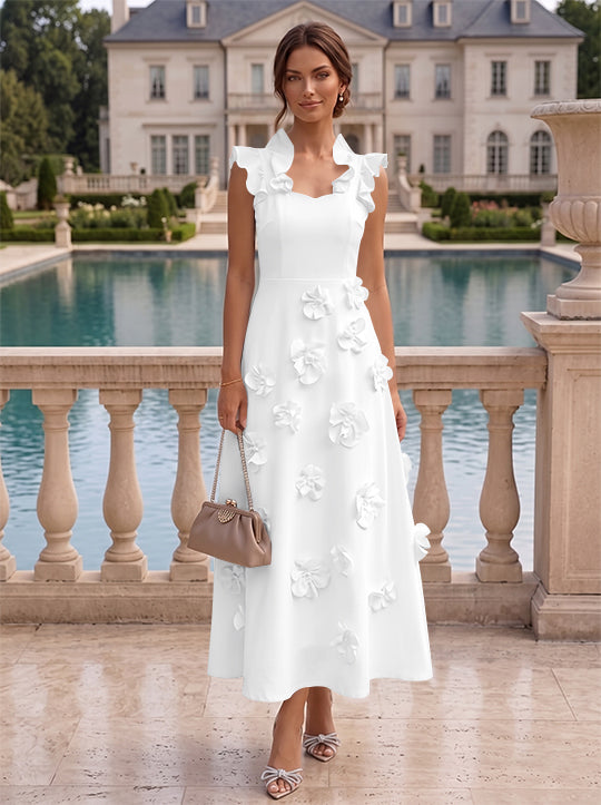 Robe cocktail en Satin Élastique, Ligne A/Princesse, Col en V, Fleurs 3D, Sans Manches, Longueur du Thé, Petite Robe Blanche formelle
