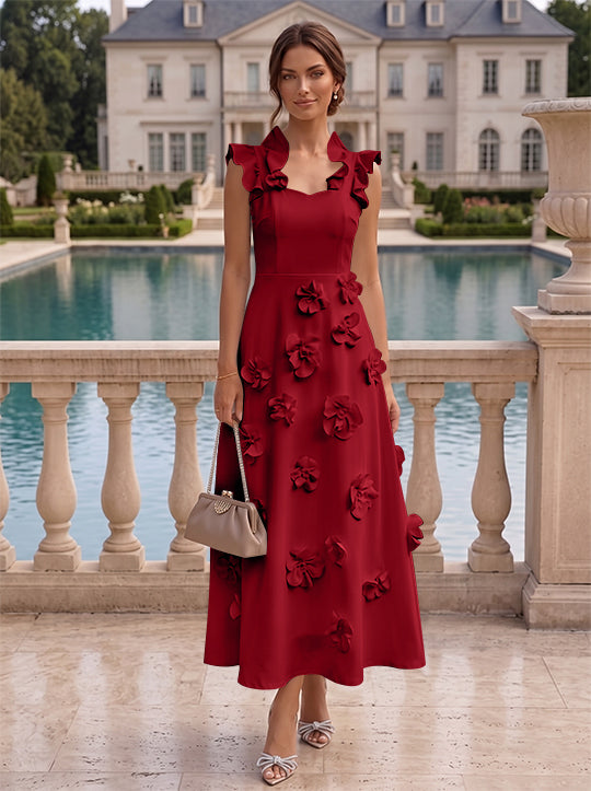 Robe cocktail en Satin Élastique, Ligne A/Princesse, Col en V, Fleurs 3D, Sans Manches, Longueur du Thé, Petite Robe Blanche formelle