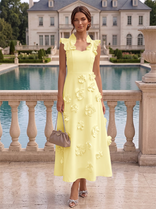 Robe cocktail en Satin Élastique, Ligne A/Princesse, Col en V, Fleurs 3D, Sans Manches, Longueur du Thé, Petite Robe Blanche formelle