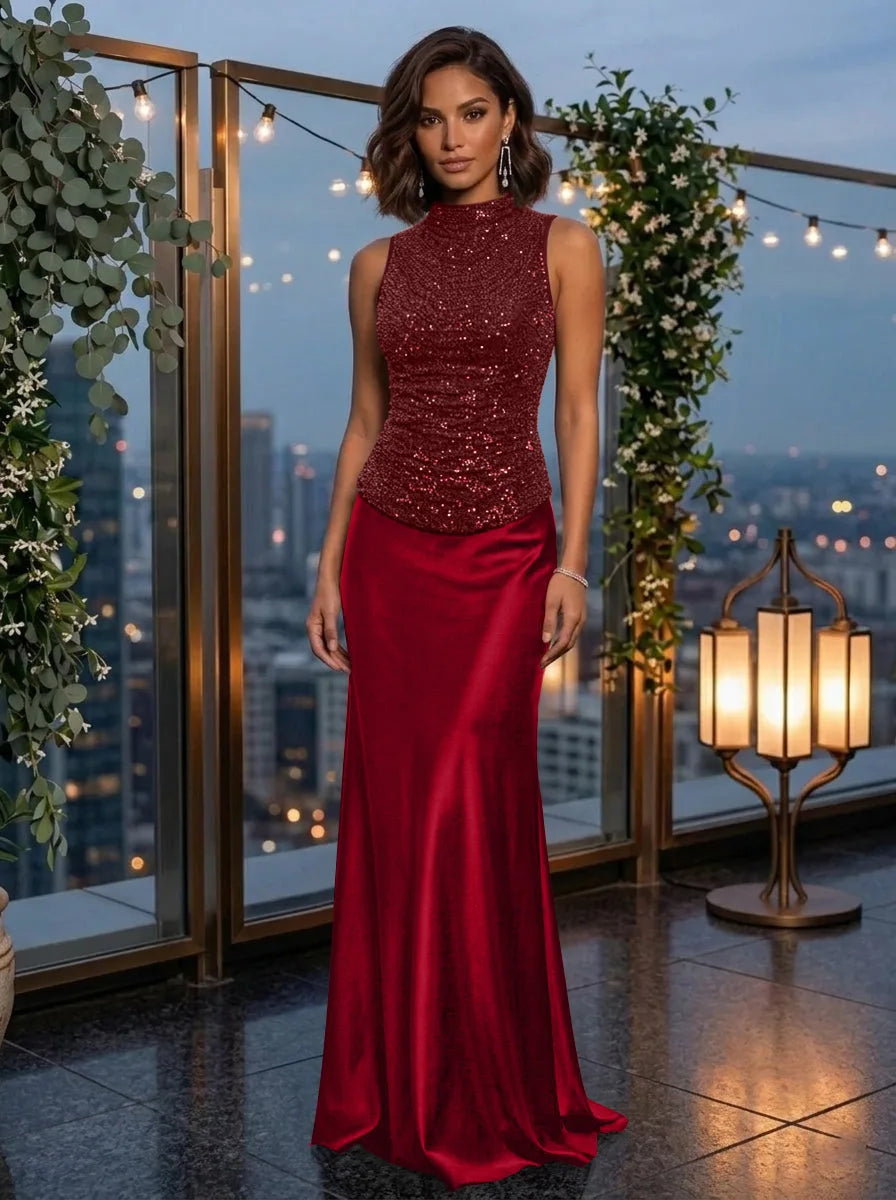 Robe de Soirée Gaine/Colonne Col Montant Sans Manches  Longueur au Sol