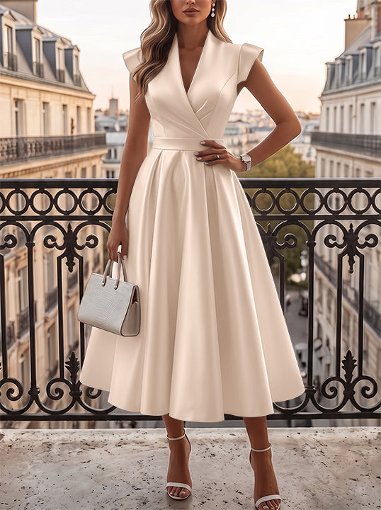 Ligne A/Princesse Col en V Satin Robe Cocktail Longueur du Thé Froncée Manches Cape Formelle