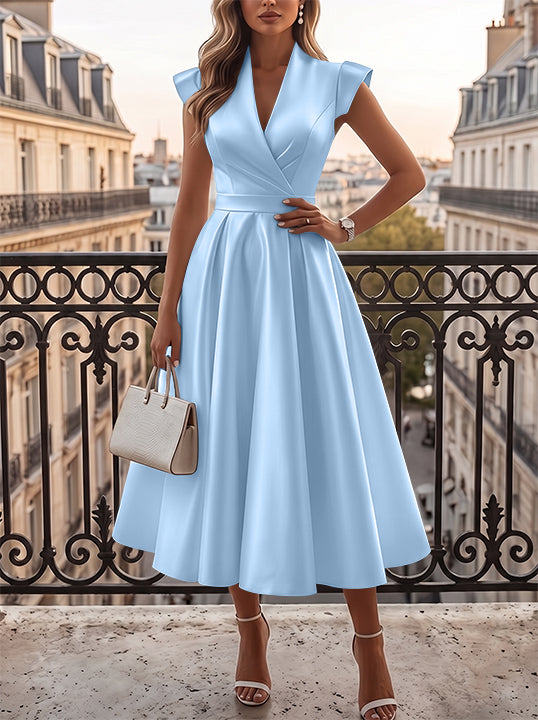 Ligne A/Princesse Col en V Satin Robe Cocktail Longueur du Thé Froncée Manches Cape Formelle