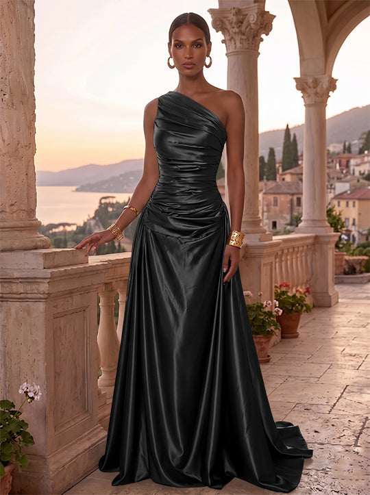 Robe de Soirée, Ligne A/Princesse, Une Épaule, Sans Manches, Longueur au Sol, Satin de Soie, Froncée
