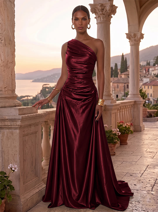 Robe de Soirée, Ligne A/Princesse, Une Épaule, Sans Manches, Longueur au Sol, Satin de Soie, Froncée