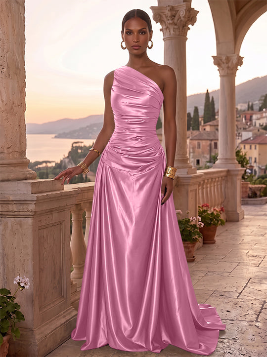 Robe de Soirée, Ligne A/Princesse, Une Épaule, Sans Manches, Longueur au Sol, Satin de Soie, Froncée