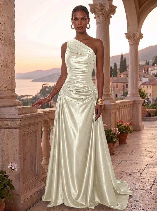 Robe de Soirée, Ligne A/Princesse, Une Épaule, Sans Manches, Longueur au Sol, Satin de Soie, Froncée