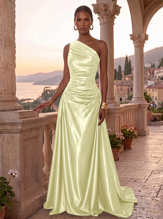 Robe de Soirée, Ligne A/Princesse, Une Épaule, Sans Manches, Longueur au Sol, Satin de Soie, Froncée