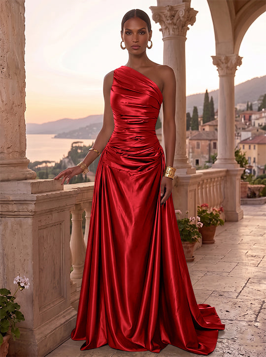 Robe de Soirée, Ligne A/Princesse, Une Épaule, Sans Manches, Longueur au Sol, Satin de Soie, Froncée