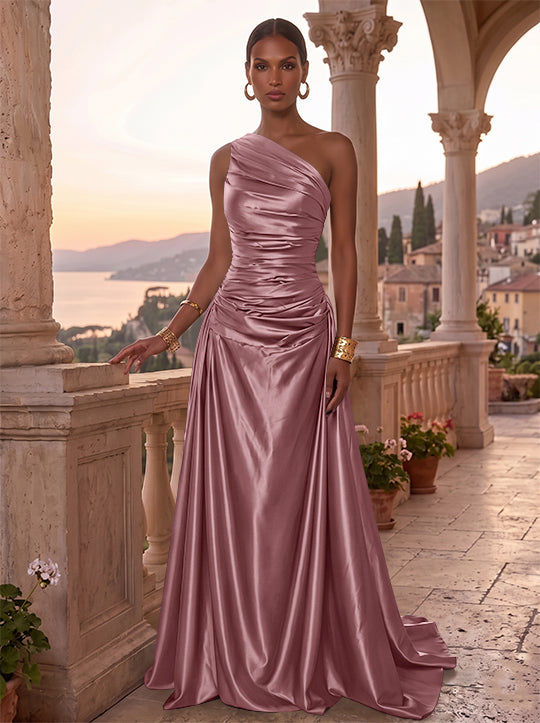 Robe de Soirée, Ligne A/Princesse, Une Épaule, Sans Manches, Longueur au Sol, Satin de Soie, Froncée