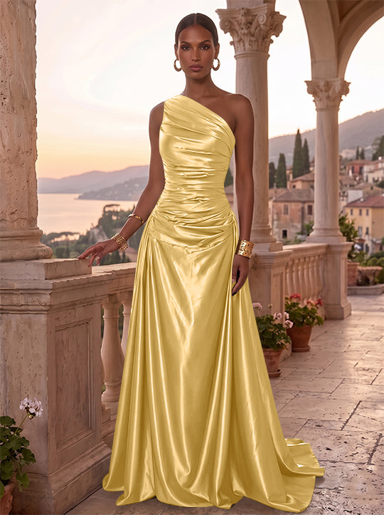 Robe de Soirée, Ligne A/Princesse, Une Épaule, Sans Manches, Longueur au Sol, Satin de Soie, Froncée