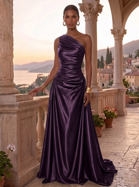 Robe de Soirée, Ligne A/Princesse, Une Épaule, Sans Manches, Longueur au Sol, Satin de Soie, Froncée