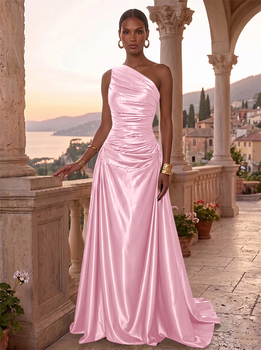Robe de Soirée, Ligne A/Princesse, Une Épaule, Sans Manches, Longueur au Sol, Satin de Soie, Froncée