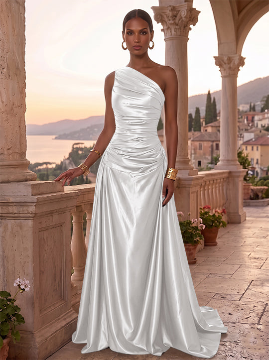 Robe de Soirée, Ligne A/Princesse, Une Épaule, Sans Manches, Longueur au Sol, Satin de Soie, Froncée