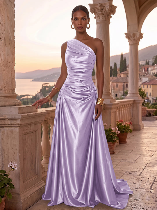 Robe de Soirée, Ligne A/Princesse, Une Épaule, Sans Manches, Longueur au Sol, Satin de Soie, Froncée