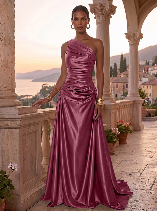 Robe de Soirée, Ligne A/Princesse, Une Épaule, Sans Manches, Longueur au Sol, Satin de Soie, Froncée