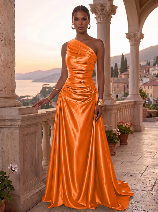 Robe de Soirée, Ligne A/Princesse, Une Épaule, Sans Manches, Longueur au Sol, Satin de Soie, Froncée