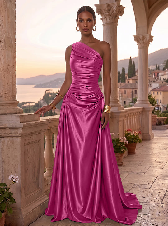 Robe de Soirée, Ligne A/Princesse, Une Épaule, Sans Manches, Longueur au Sol, Satin de Soie, Froncée