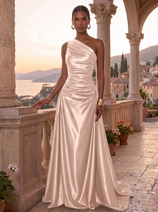 Robe de Soirée, Ligne A/Princesse, Une Épaule, Sans Manches, Longueur au Sol, Satin de Soie, Froncée