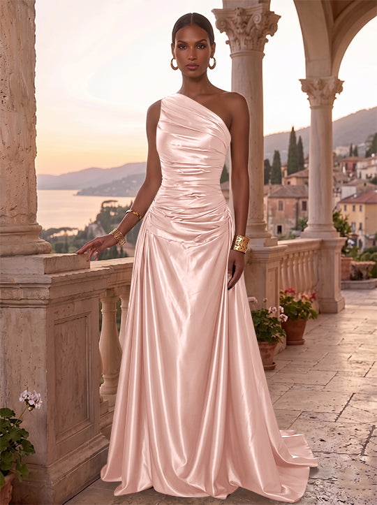 Robe de Soirée, Ligne A/Princesse, Une Épaule, Sans Manches, Longueur au Sol, Satin de Soie, Froncée