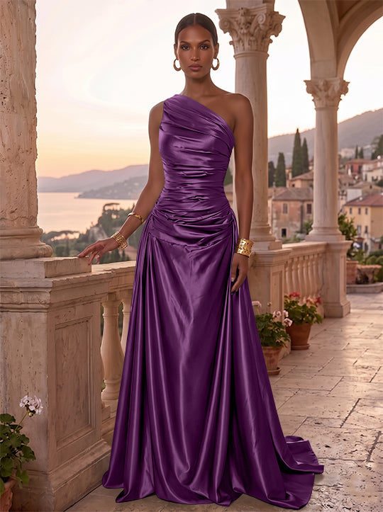 Robe de Soirée, Ligne A/Princesse, Une Épaule, Sans Manches, Longueur au Sol, Satin de Soie, Froncée