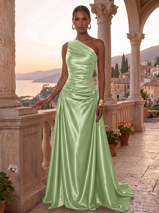 Robe de Soirée, Ligne A/Princesse, Une Épaule, Sans Manches, Longueur au Sol, Satin de Soie, Froncée