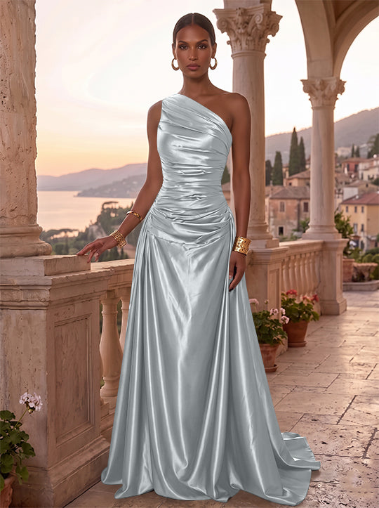 Robe de Soirée, Ligne A/Princesse, Une Épaule, Sans Manches, Longueur au Sol, Satin de Soie, Froncée
