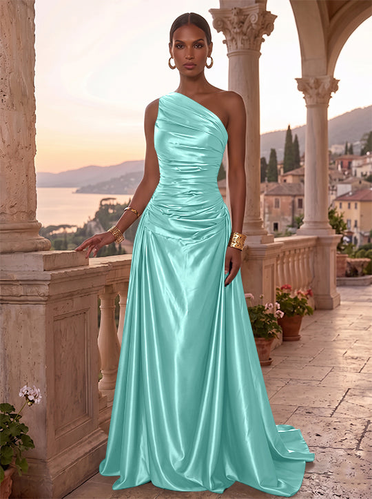 Robe de Soirée, Ligne A/Princesse, Une Épaule, Sans Manches, Longueur au Sol, Satin de Soie, Froncée