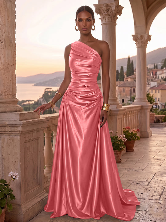 Robe de Soirée, Ligne A/Princesse, Une Épaule, Sans Manches, Longueur au Sol, Satin de Soie, Froncée