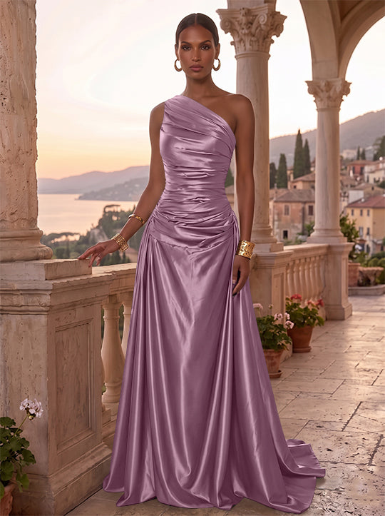 Robe de Soirée, Ligne A/Princesse, Une Épaule, Sans Manches, Longueur au Sol, Satin de Soie, Froncée