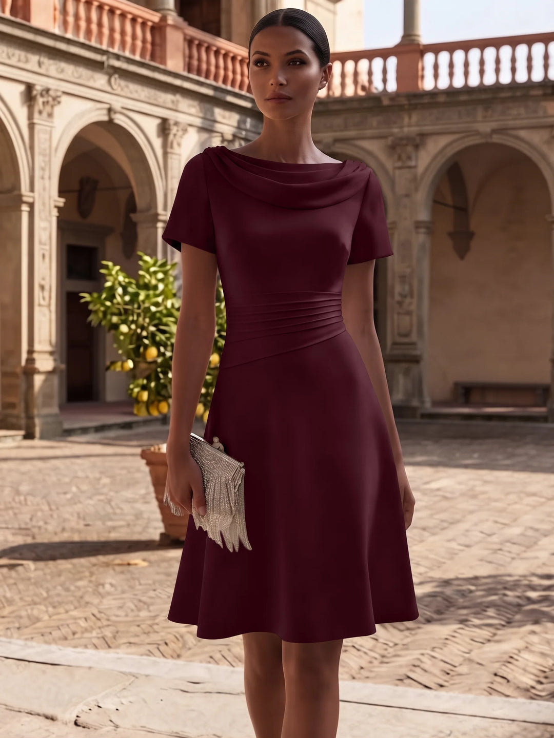 Robe de Cocktail Ligne A/Princesse en Satin Élastique Col Drapé Longueur Genou Froncée Manches Courtes