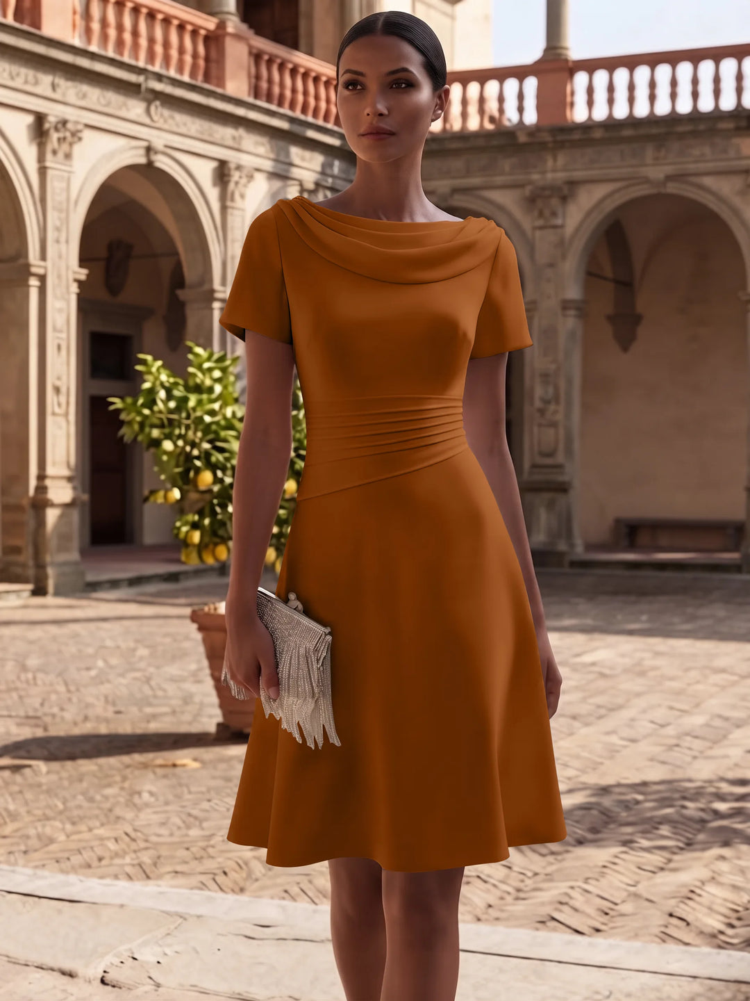 Robe de Cocktail Ligne A/Princesse en Satin Élastique Col Drapé Longueur Genou Froncée Manches Courtes